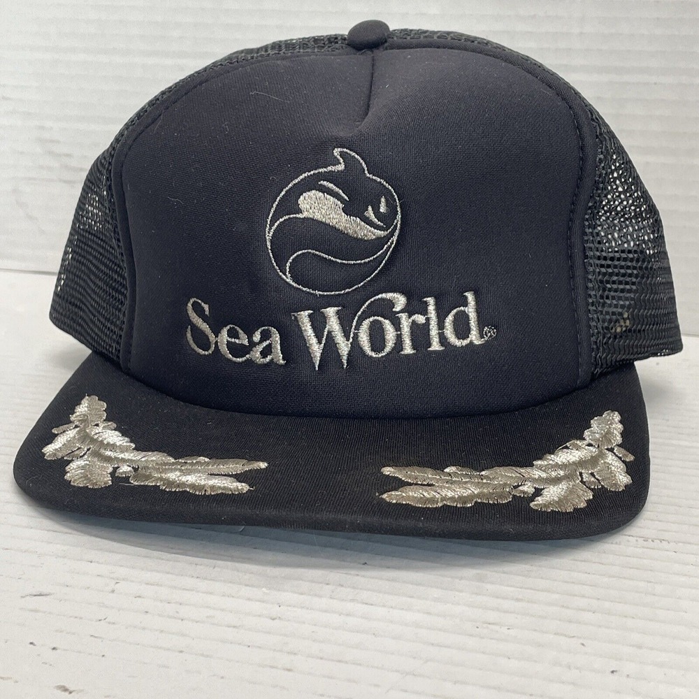 Vintage Sea World Snapback Trucker Foam Mesh Hat SportCap Black Silver ‎ 80s
